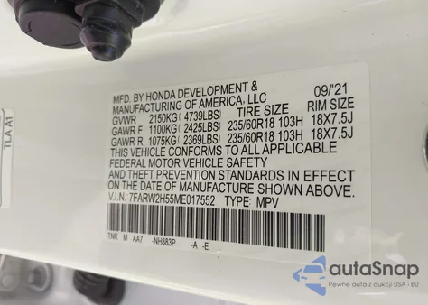 2021 Honda Cr-V Awd Ex из США, поврежденный, VIN 7FARW2H55ME017552